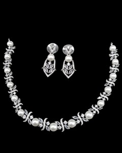 <b>Pearl</b> Studded American Diamond Collar <b>Necklace</b> <b>Set</b> With Earrings Marquise Cut Stone Sparkling AD Jewelry <b>Set</b> For Party Wholesale - Product Image 6