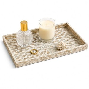 Plateau de service artisanal en bois de Sheesham avec incrustation florale en laiton - Vente en gros - Product Image 3