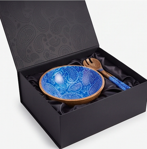 Ensemble de saladiers en bois faits à la main de style bohème avec imprimé paisley bleu et cuillères assorties pour un usage domestique - Product Image 6