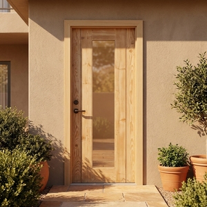 Porte intérieure en bois de pin massif avec panneau central en verre, design minimaliste, surface finie, ouverture latérale, coupe-vent, usage hôtelier - Product Image 5