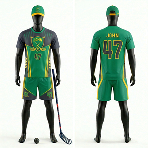 Uniforme de Floorball para Hombre, Transpirable, de Poliéster Interlock, Paneles de Malla Verde, Gris y Amarillo, Logotipo Sublimado - Product Image 1