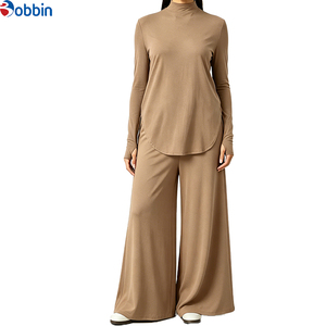 High Quality Hot Selling Soft Stretch Mock Neck Wide Leg Casual 2-Pcs Tracksuit <b>Set</b> Muslim Sportswear Tracksuits Women Clothing - Product Image 5