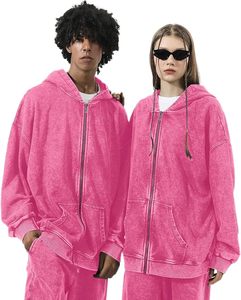 <b>Men</b> Hot <b>Pink</b> Oversized Full Zip Up Hoodie – Soft Fleece Lined Long Sleeve Baggy Hooded <b>Sweatshirt</b> Jacket - Product Image 2