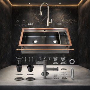 Évier de cuisine rectangulaire Daystar Trade à double bac, fait main, quatre trous, en cuivre brossé, design moderne, 2 mm/14 gauge, facile à installer - Product Image 3