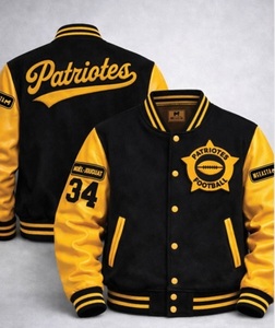 Chaqueta Varsity Personalizada para Hombre, Estilo Letterman Patriots, Cuerpo de Lana, Mangas de Cuero Genuino con Parches Bordados en Chenille - Product Image 3
