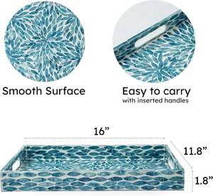 Set of 2 rectangular mother-of-pearl inlaid trays with <b>blue</b> floral patterns, serving trays with handles. - Product Image 2