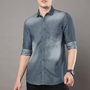 Camisa vaquera vintage gris con lavado ácido, elástica, con bolsillo en el pecho, corte ajustado, manga larga, abotonada, estilo abierto, transpirable - Product Image 3