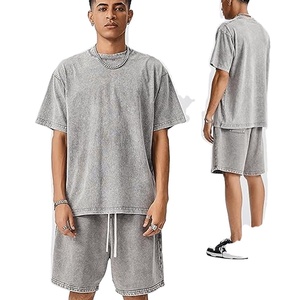 Men Stylish Summer Outfit T Shirt Acid Wash Shorts Set Cotton Casual Loose Fit Matching Set - Product Image 1