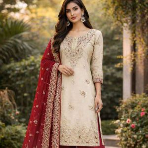 Conjunto de Salwar Kameez de Diseño con Bordado Crema y Traje Palazzo con Trabajo Elaborado para Mujer |   Ropa para Bodas, Fiestas y Eventos Festivos - Product Image 1