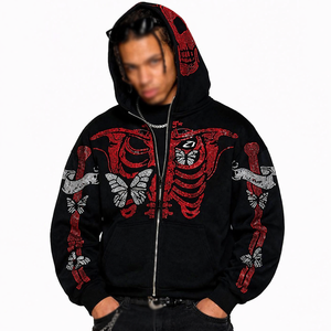 Sweat à capuche intégral zippé motif squelette avec strass en molleton de coton coupe oversize streetwear fabrication sur mesure commandes en gros - Product Image 3