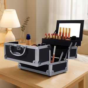 Valigetta per Trucchi Impermeabile in Alluminio con Specchio e Chiave - Portatile e Nera - Product Image 1