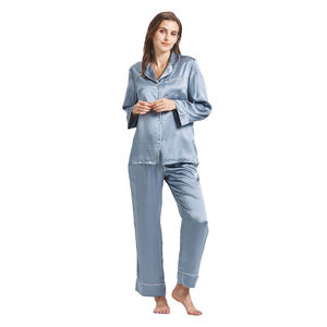 Ensemble de pyjama en satin de soie pour femmes, robe de chambre à manches longues, boutons sur le devant, logo personnalisable, service OEM, vêtements de nuit - Product Image 4