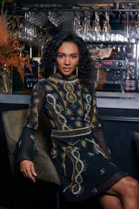 High Neck Flare Sleeve Embossed <b>Beaded</b> Sequin Illusion Evening Chiffon Sheer Floor Length Mermaid Gown Natural <b>Waist</b> - Product Image 6