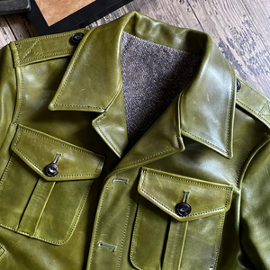 Veste d'hiver en cuir véritable pour homme, couleur olive, style workwear, col mandarin, coupe-vent, poches zippées épaisses sur le devant - Product Image 5