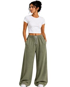 Olive Green Women <b>Wide</b> <b>Leg</b> Sweatpants High Waist Loose Fit Casual Streetwear <b>Lounge</b> Fleece Trousers With Drawstring Pockets - Product Image 1