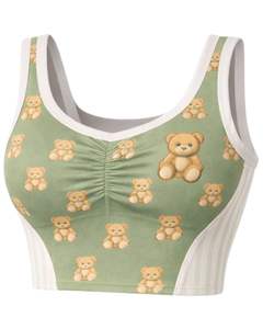 Ensemble deux pièces vert sauge pour femme, imprimé ourson, composé d'un crop top sans manches et d'une mini-jupe taille haute, tenue douce et extensible - Product Image 2