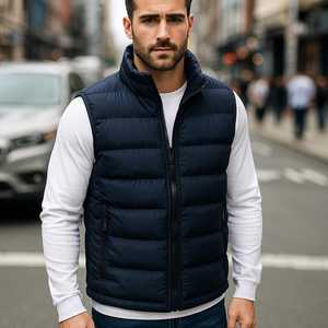 Chaleco Acolchado Azul Marino para Hombre, Cuello Alto, Cierre de Cremallera, Cortavientos, Ropa de Invierno Informal, Color Sólido, Corte Regular - Product Image 1