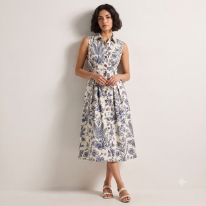 Robe chemise midi sans manches pour femme, motif floral bleu et blanc, taille froncée, en coton extensible, boutonnée sur le devant avec poches - Product Image 1