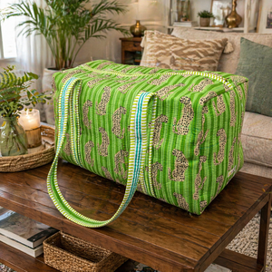 Luxury Green Leopard Print Quilted Waterproof Cotton Duffle Bag Travel Overnight Gym Weekender Large Capacity - Product Image 1