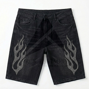 Rhinestone <b>Mens</b> Denim Shorts Premium Crystal <b>Studded</b> Jean Shorts Streetwear Custom Design Process Impex - Product Image 1