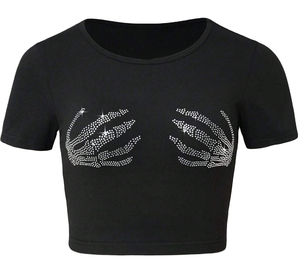 <b>Men's</b> <b>Black</b> Cropped Short Sleeve T-<b>Shirt</b> With Rhinestone Hand Design O-Neck <b>Slim</b> <b>Fit</b> Knitted Street Style Top Wholesale New <b>mens</b> - Product Image 1
