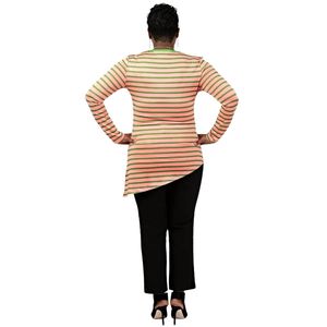 Blusa Casual de Moda para Mujer, Manga Larga, con Rayas Multicolores, Asimétrica, con Lazo Delantero, en Rosa, Verde y Crema - Product Image 4