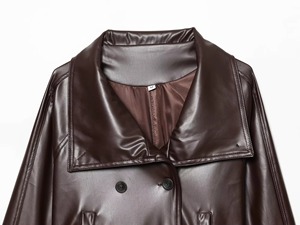 Abrigo de Mujer, Nuevo Modelo 2026, Estilo Casual, Cuello Solapa, Cinturón Decorativo, Cuero Sintético, Retro, Chic, Manga Larga - Product Image 4