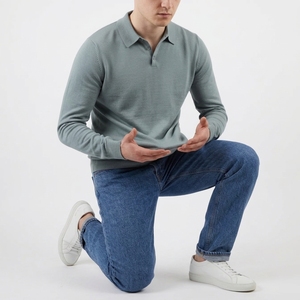 Polo en maille à manches longues personnalisé pour homme, vert sauge, 100 % coton, pull-over, hauts pour homme, fabricant OEM - Product Image 4