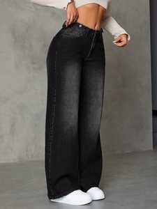 Jean décontracté taille mi-haute à jambe large en denim délavé écologique bleu clair uni en coton pleine longueur pour femme style streetwear - Product Image 5