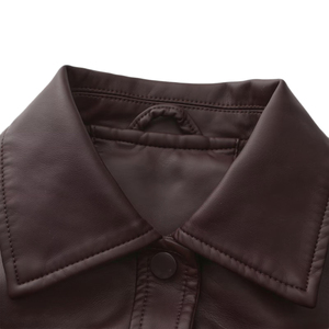 Chaqueta de Cuero Genuino para Mujer, Estilo Camionero, Cuello Camisero, Manga Larga, Cierre de Botones, Corte Corto, Estilo Otoñal - Product Image 4
