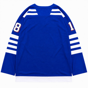 Maillot de hockey sur glace bleu classique avec rayures blanches et numéro 8, manches longues, col en V, respirant, polyester, unisexe adulte, tenue de sport - Product Image 2