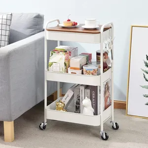 Modern Metal <b>Storage</b> <b>Cart</b> with Wooden Top 3-Tier Rolling Trolley for Kitchen Living Room Organization - Product Image 1