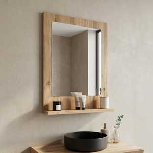 Modern <b>Rectangular</b> Solid Wood <b>Wall</b> <b>Mirror</b> with Shelf Light Oak Bathroom Vanity Storage <b>Mirror</b> Natural Grain Wooden Frame Artwork - Product Image 5