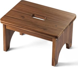 Taburete de madera de acacia de 9 pulgadas, taburete de un paso para dormitorio, cocina, taburete de madera al lado, resistente para adultos y niños - Product Image 1