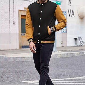 Blouson universitaire homme tendance avec manches en cuir, coupe ajustée, style baseball, veste bomber classique athlétique streetwear boutonnée - Product Image 2