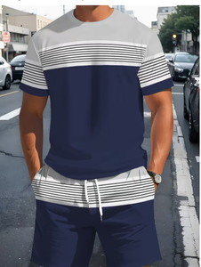 เสื้อยืดแขนสั้นลายทางสีสันสดใสสำหรับผู้ชายและชุดกางเกงขาสั้นชุดกีฬาฤดูร้อน - Product Image 1
