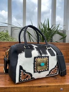 Conjunto combinado de 2 piezas de cuero de vaca portátil Unisex, Mini bolsa de lona y neceser con cuero mecanizado a mano, bolsa de viaje para equipaje con piedra turquesa - Product Image 5