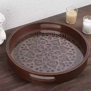 Bandeja DE SERVICIO DE MADERA Rectangular de alta calidad para comida, desayuno, postre, bandeja de madera de acacia con mango de Metal - Product Image 1