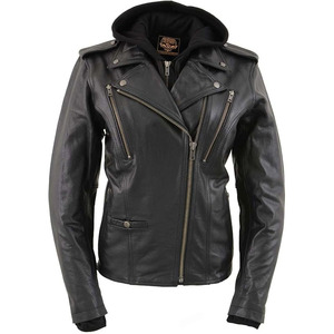 Veste de motard en cuir noir de qualité supérieure pour femme SAMROZ SPORTS avec capuche - Product Image 3