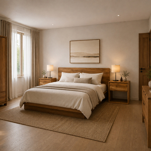 Mesa de Noche Rania de Madera de Teca Sólida, Estilo Contemporáneo Moderno Premium, con un Cajón y Estante Abierto, Mueble para el Hogar, para Dormitorio de Hotel - Product Image 4