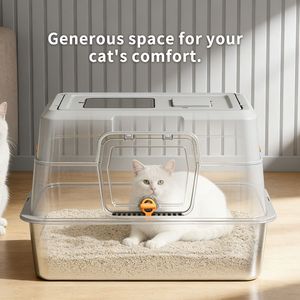 Lettiera per Gatti Chiusa in Acciaio Inossidabile Nero, Adatta agli Animali Domestici, con Bordi Alti per Prevenire lo Spargimento - Product Image 5