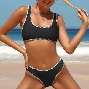 Women's 2-Piece Black Swim <b>Set</b> <b>Square</b> Neck Sleeveless High Waist Shorts Spandex Nylon Quick Dry Summer Sporty Style - Product Image 2