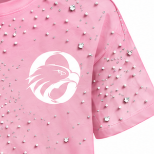 T-shirt unisexe rose clair perlé, col rond, manches courtes, orné de perles, pour le streetwear et les tenues décontractées au quotidien - Product Image 5