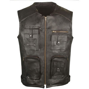 Gilet en cuir véritable pour hommes, style motard, fermeture éclair, couleur unie, col rond, poches avant, vêtements d'extérieur d'automne - Product Image 1