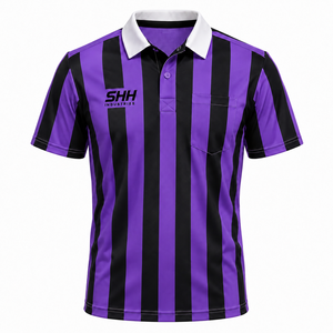 Camiseta Polo para Árbitro, Rayas Moradas y Negras, Cuello Blanco, Bolsillo en el Pecho, Manga Corta, para Oficiales de Fútbol Profesional - Product Image 1