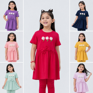 Kid Girls Solid Short Sleeve Comfortable Dress Set <b>Bow</b> Details Cotton Outfit Summer Clothing Stock Lot Bangladesh - Product Image 1