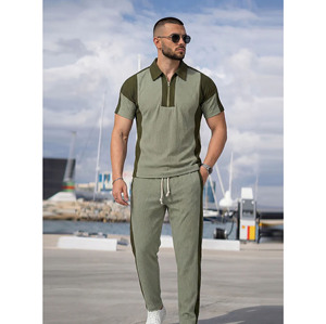 Ensemble de survêtement vert pour homme avec blocs de couleur, manches courtes, demi-zip, pantalon décontracté avec cordon de serrage et poches latérales, idéal pour l'été - Product Image 6