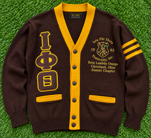 Iota Phi Theta Winter Solid Varsity Chenille Knit <b>Cardigan</b> Sweater Embroidered University Badge Sleeve Logo OEM ODM Factory - Product Image 1