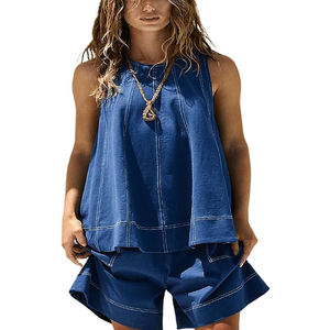 Conjunto de 2 Piezas para Mujer, Camisa y Pantalones Cortos de Lona, Manga Corta, Color Sólido, Estilo Hip Hop, Cuello Camisero, Ecológico, Secado Rápido - Product Image 1