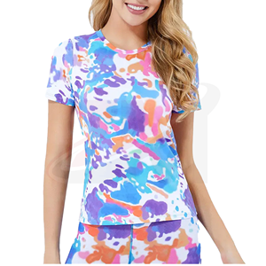 Ensemble de t-shirts à manches courtes pour femmes, imprimé Tie Dye violet et blanc, style décontracté, tissu tricoté, col rond, pour le printemps et l'été - Product Image 2